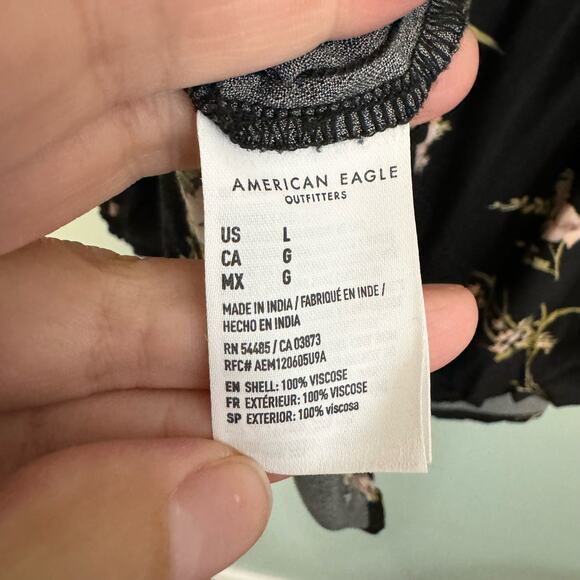 American Eagle Blouse Large Floral Open Back Long Puff Balloon Sleeve Black NWT - Picture 8 of 8